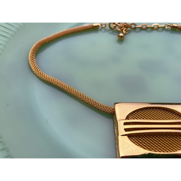 Vintage 1970s Square Pendant Mesh Choker Necklace Goldtone - Picture 7 of 14
